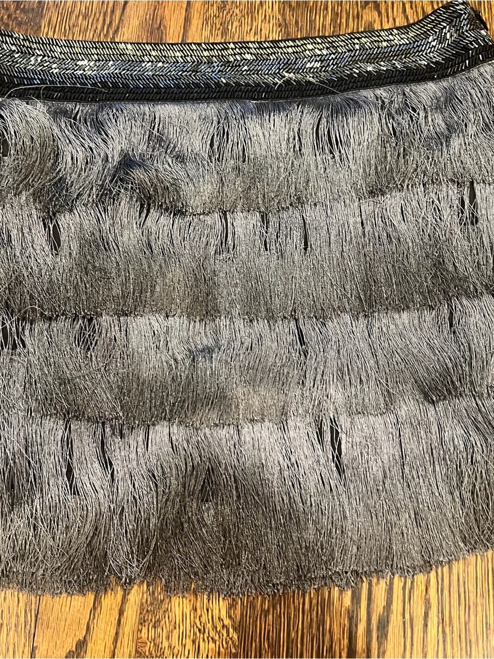 Pinko Gray Fringe Mini Skirt w/ Seed Bead Waistband Textured Designer Statement